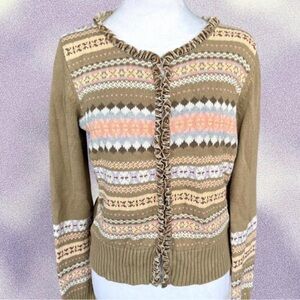 Vintage Y2K Liz Claiborne Fair Isle Ruffle Trim Cardigan - Size Large